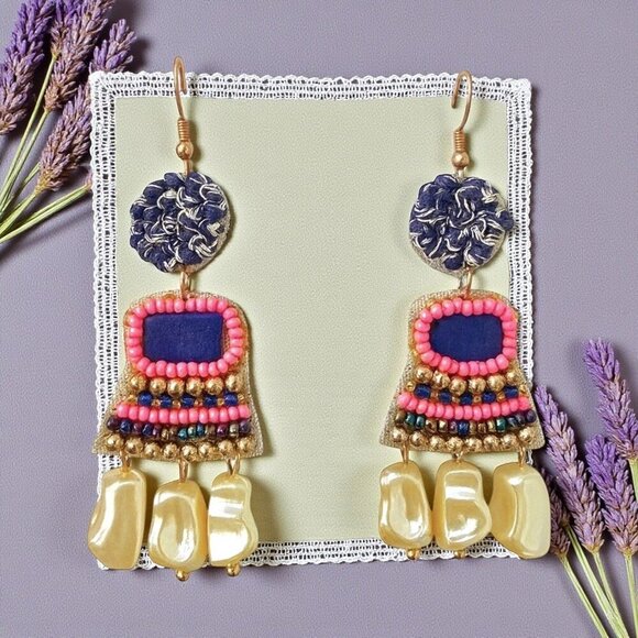 πBoho Festival Style Handmade Beaded Statement Earrings Indian Artisan - Picture 9 of 14